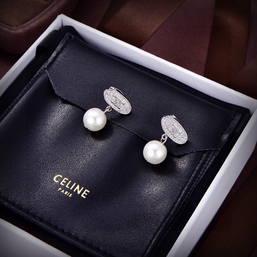 Celine Triomphe Pearl Drop Earrings earrings Gold-tone metal with clear pave crystals and white freshwater pearls 1 5cm drop length