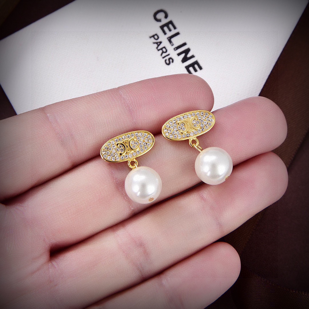 Celine Triomphe Pearl Drop Earrings earrings Gold-tone metal with clear pave crystals and white freshwater pearls 1 5cm drop length