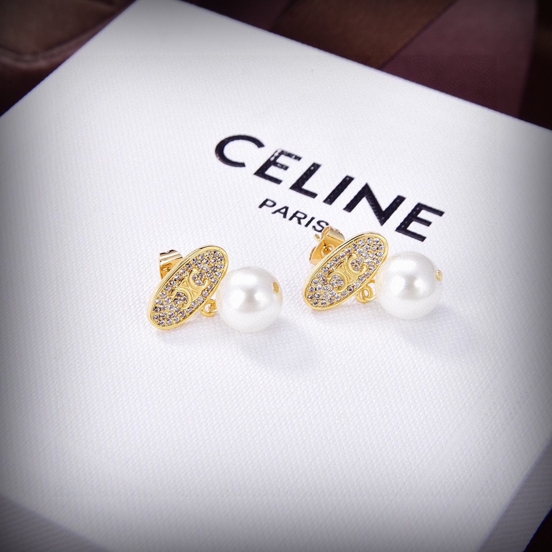 Celine Triomphe Pearl Drop Earrings earrings Gold-tone metal with clear pave crystals and white freshwater pearls 1 5cm drop length