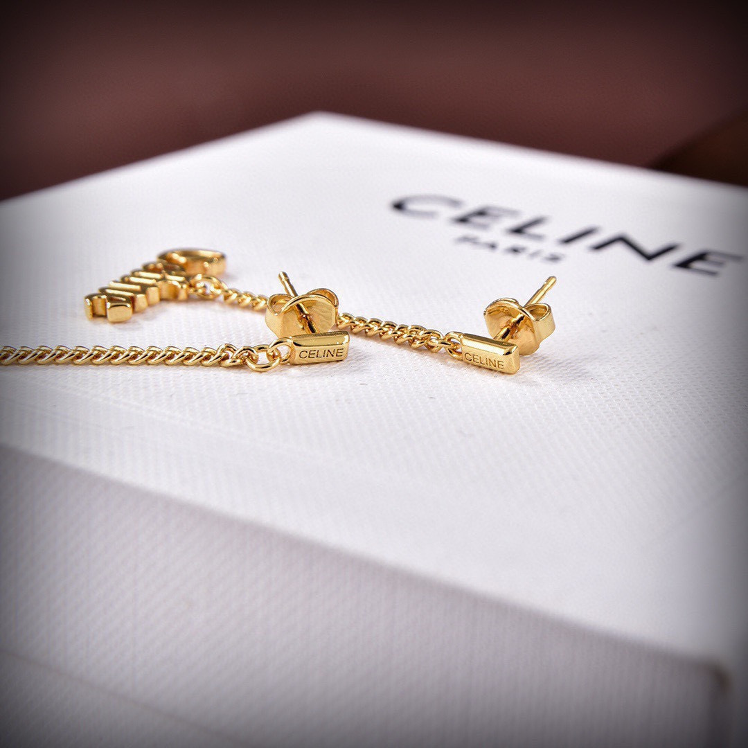 Celine Gothic Celine Logo Chain Drop Earrings earrings gold-tone metal no accent stones 3 5cm drop length