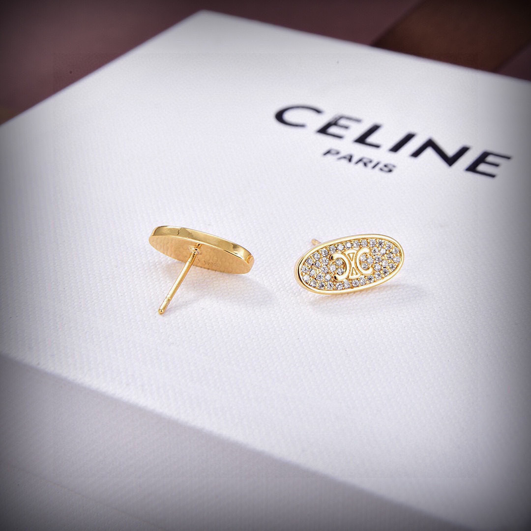 Celine Triomphe Oval Stud Earrings earrings Gold-tone metal with clear pave crystals 1 2cm length