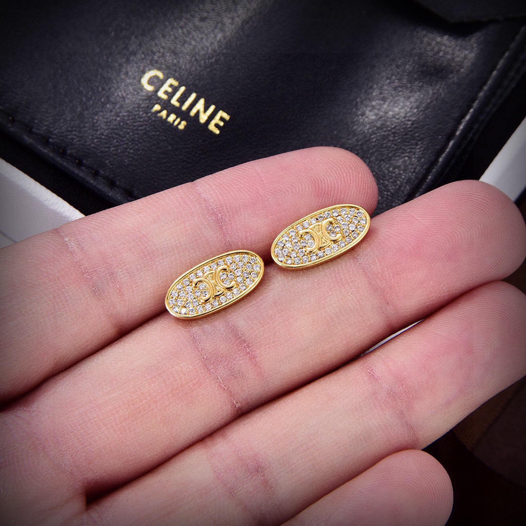 Celine Triomphe Oval Stud Earrings earrings Gold-tone metal with clear pave crystals 1 2cm length