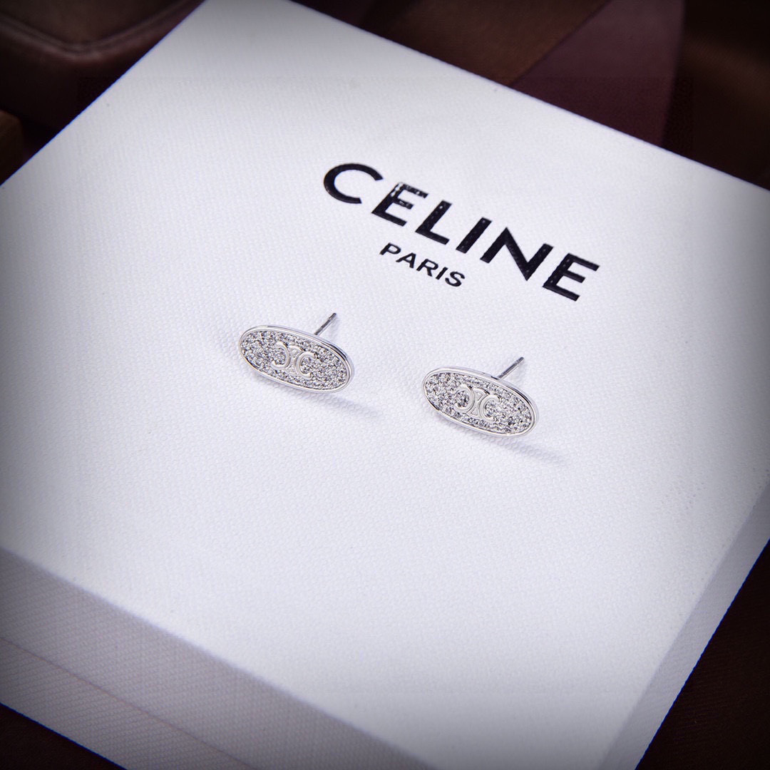 Celine Triomphe Oval Stud Earrings earrings Gold-tone metal with clear pave crystals 1 2cm length
