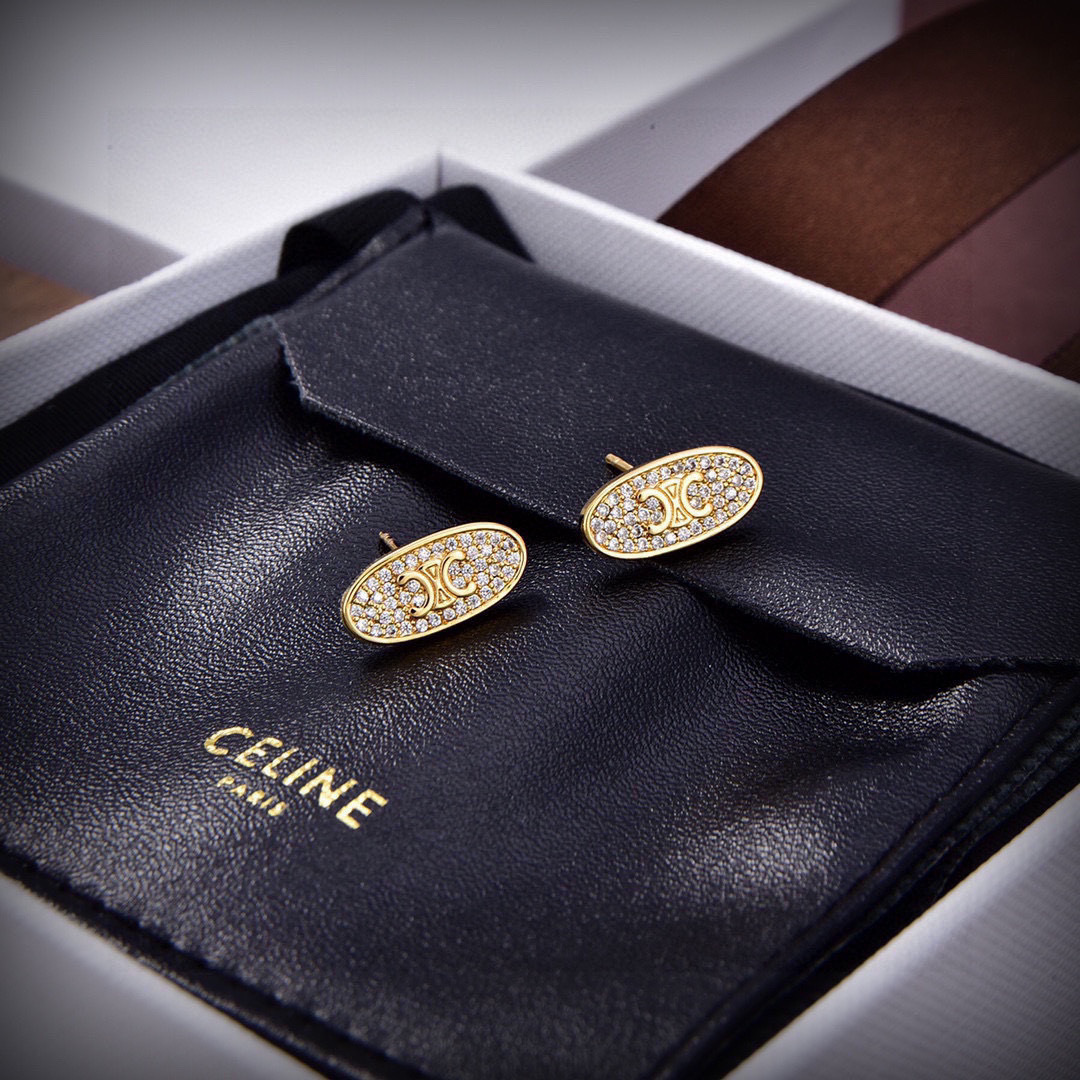 Celine Triomphe Oval Stud Earrings earrings Gold-tone metal with clear pave crystals 1 2cm length