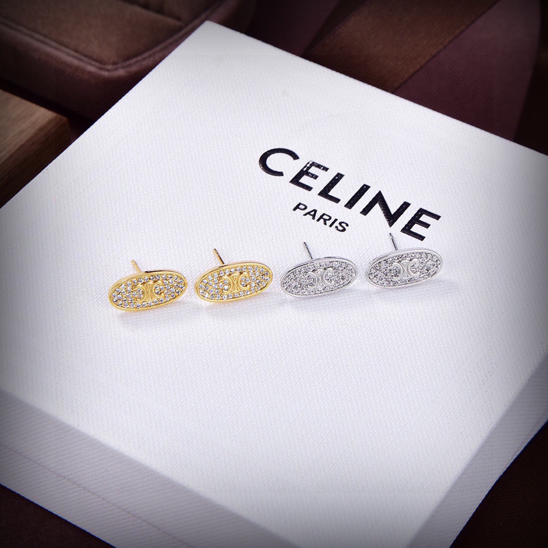 Celine Triomphe Oval Stud Earrings earrings Gold-tone metal with clear pave crystals 1 2cm length