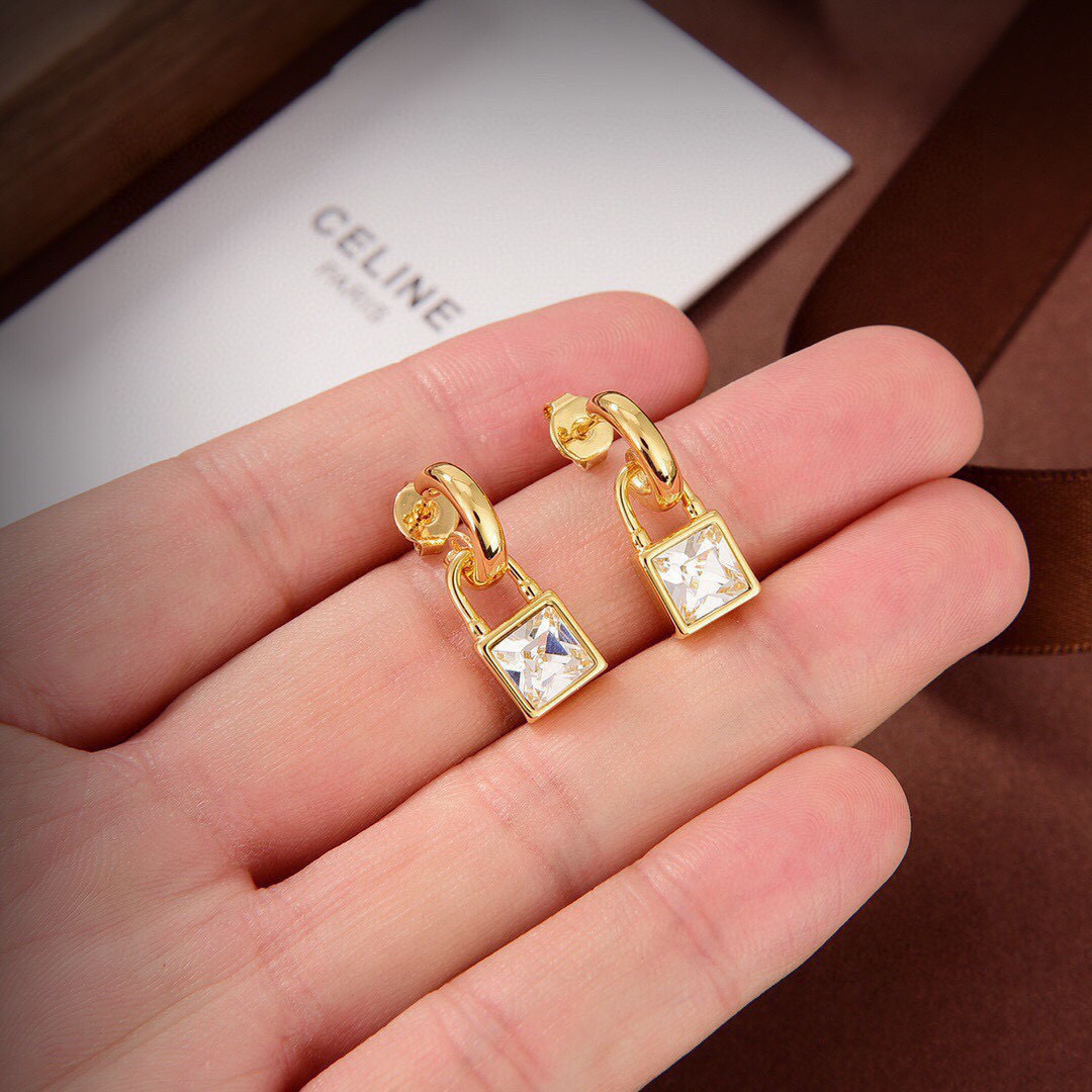 Celine Padlock Crystal Drop Earrings earrings gold-tone metal with clear square-cut crystal 1 5cm drop length