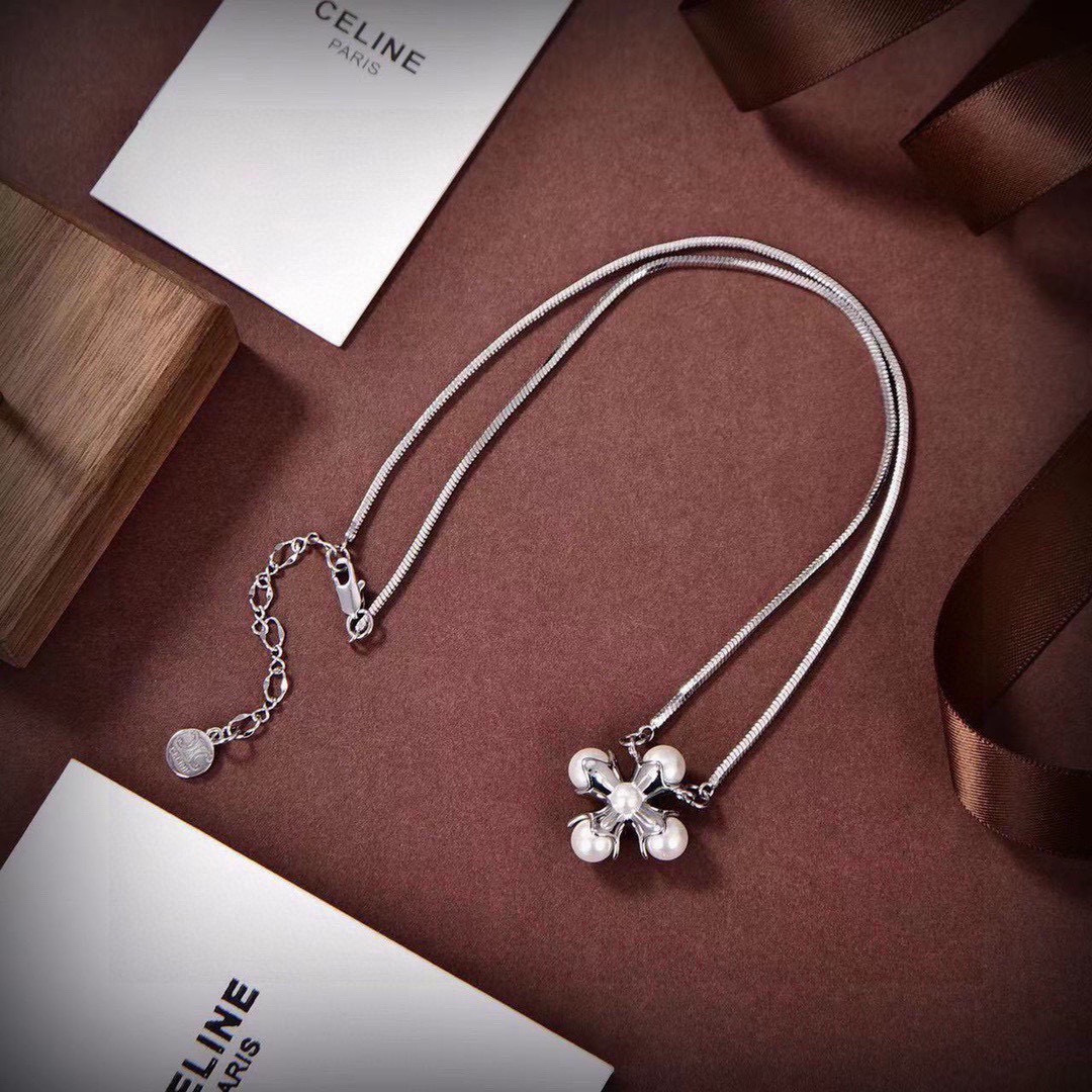 Celine Pearl Flower Pendant Necklace necklace Silver-toned metal with white pearl accents 40cm