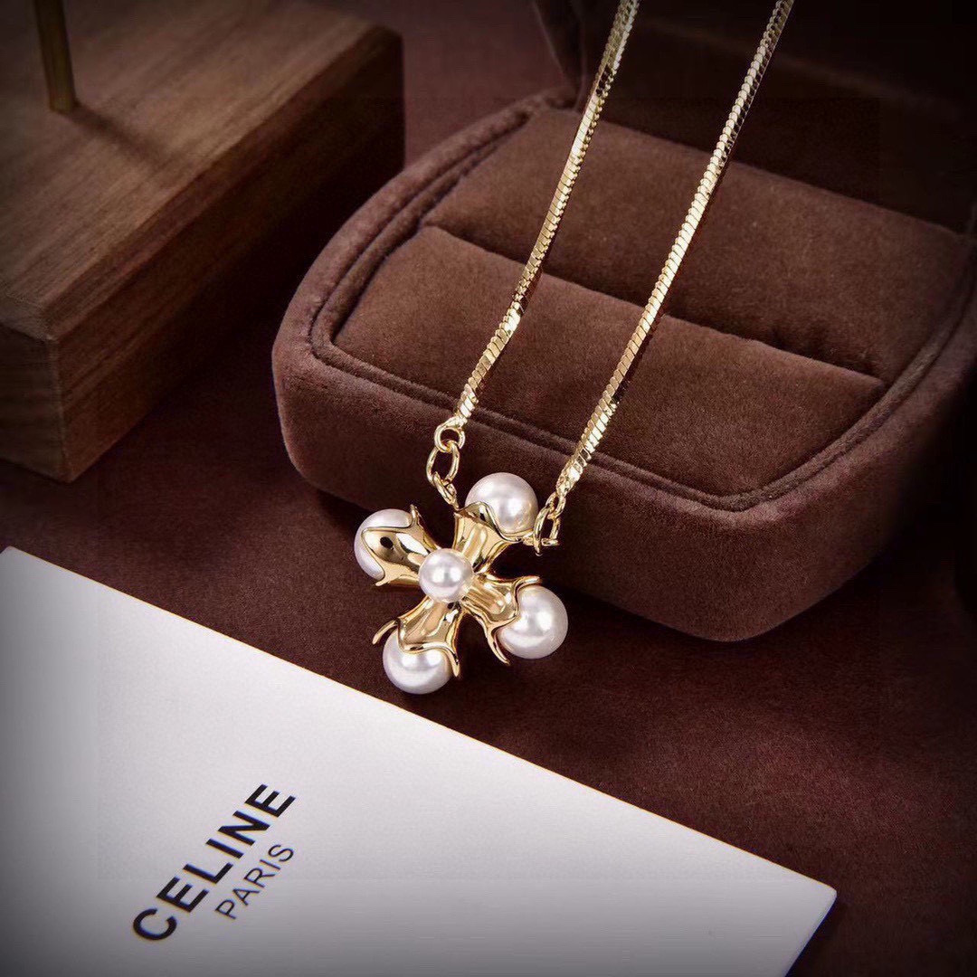 Celine Pearl Flower Pendant Necklace necklace Silver-toned metal with white pearl accents 40cm