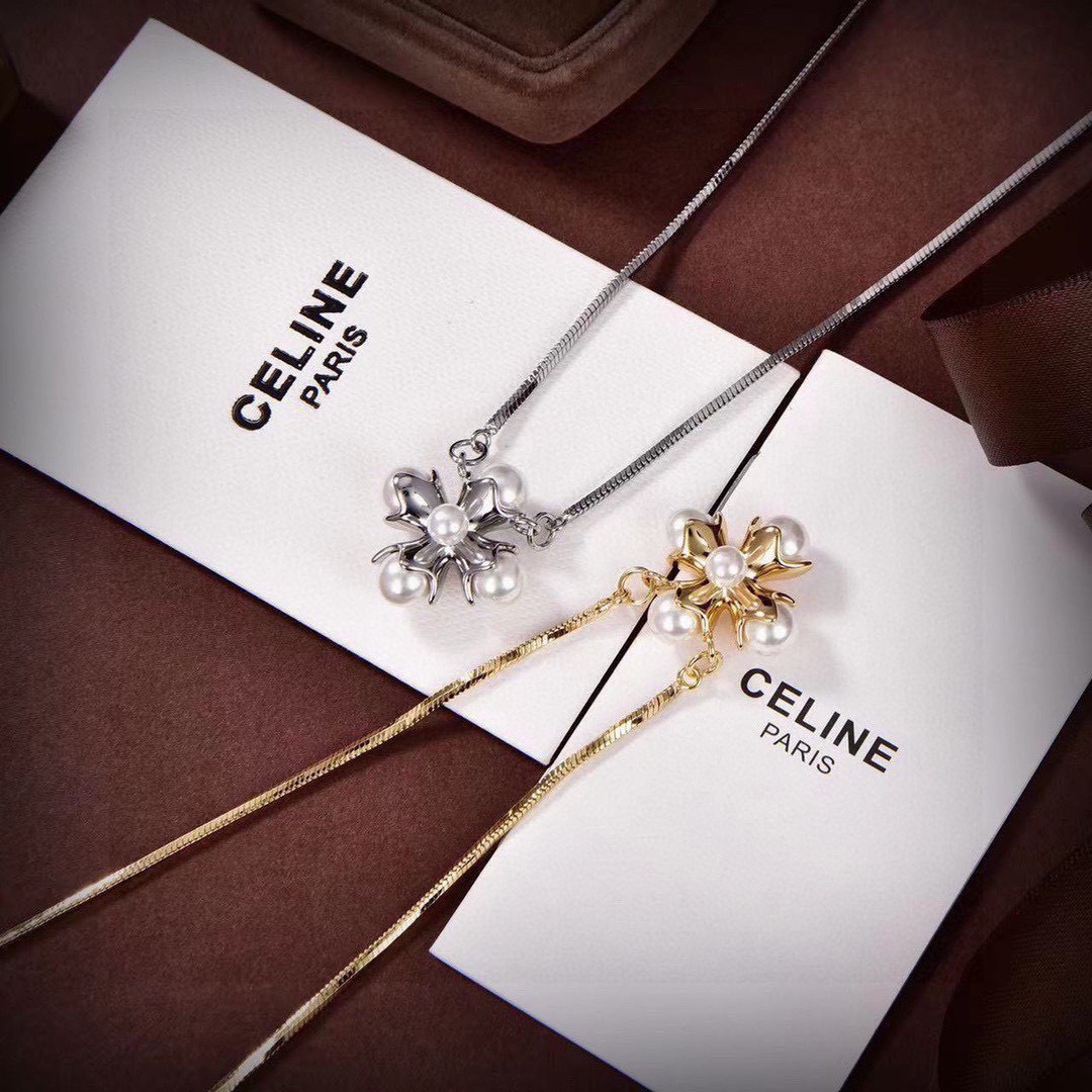 Celine Pearl Flower Pendant Necklace necklace Silver-toned metal with white pearl accents 40cm
