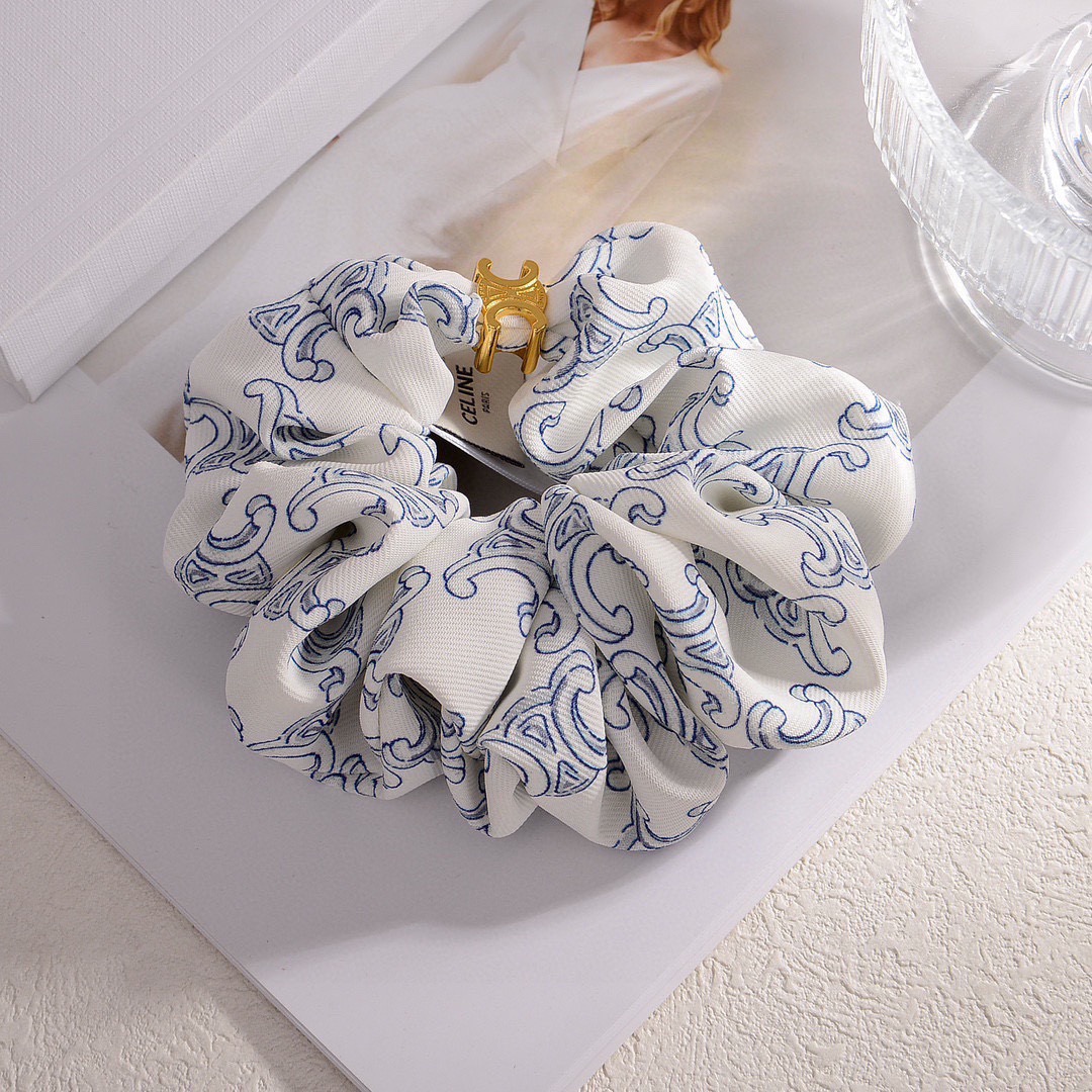 Celine Triomphe Scrunchie bracelet gold-tone metal white fabric with blue Triomphe monogram print 10cm diameter