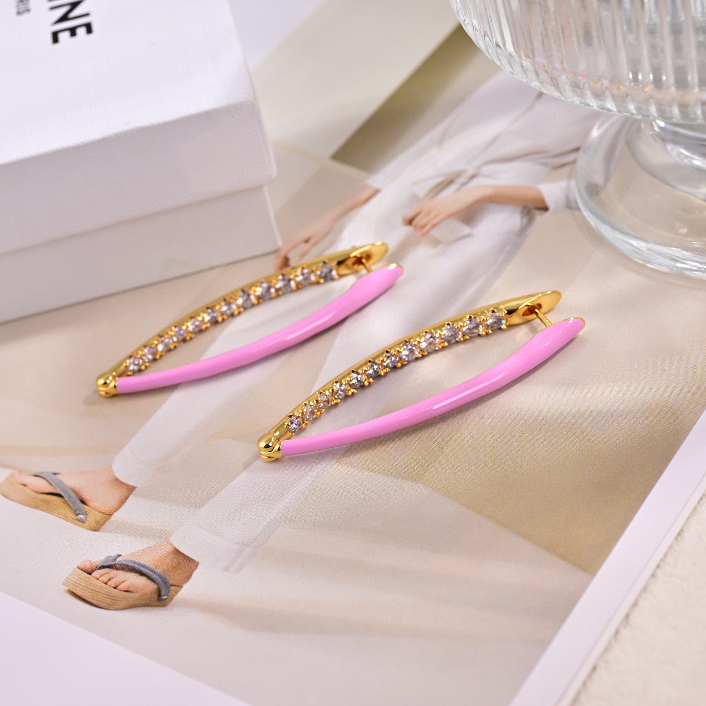 Celine Enamel Crystal Elongated Hoop Earrings earrings gold-tone metal pink enamel clear crystal 5cm drop length