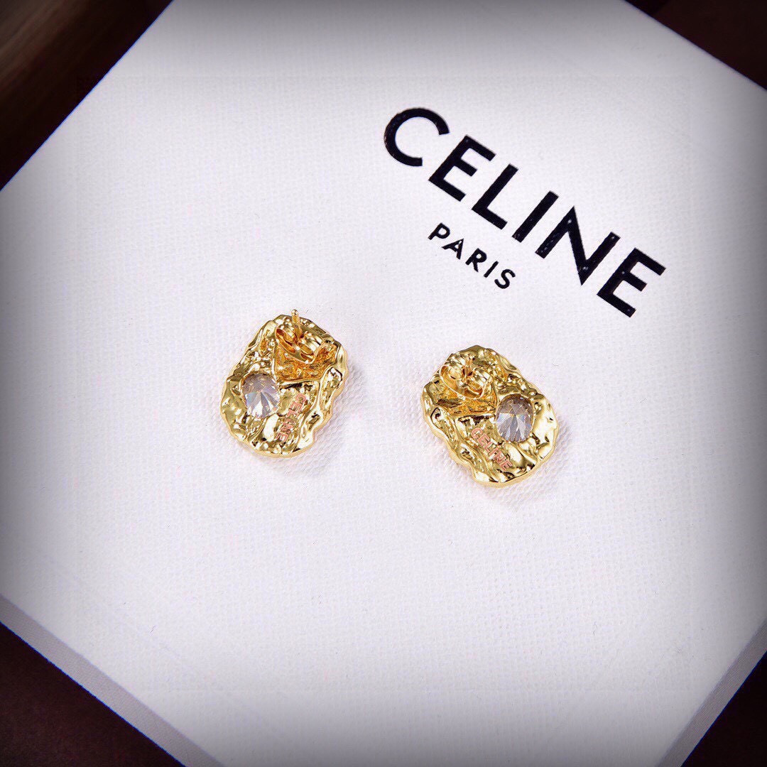Celine PRECIOUS earrings gold-tone metal with clear faceted crystal stones 1 5cm stud diameter