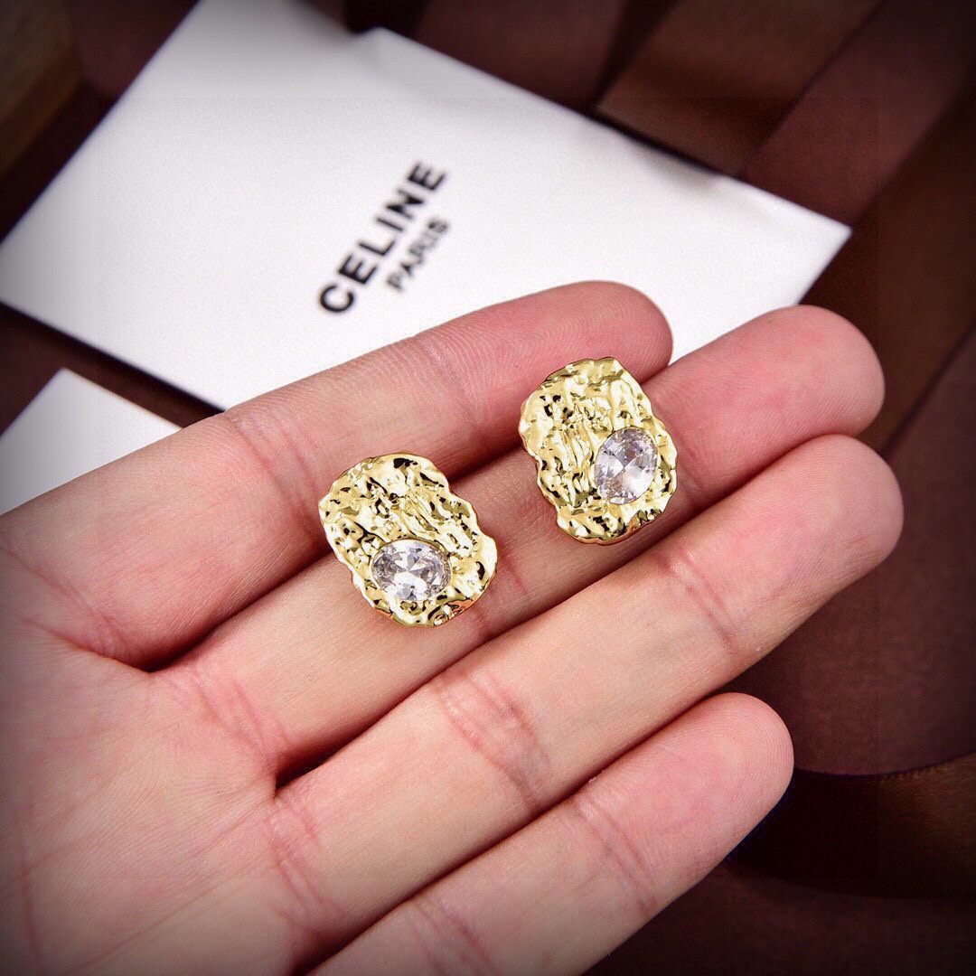 Celine PRECIOUS earrings gold-tone metal with clear faceted crystal stones 1 5cm stud diameter