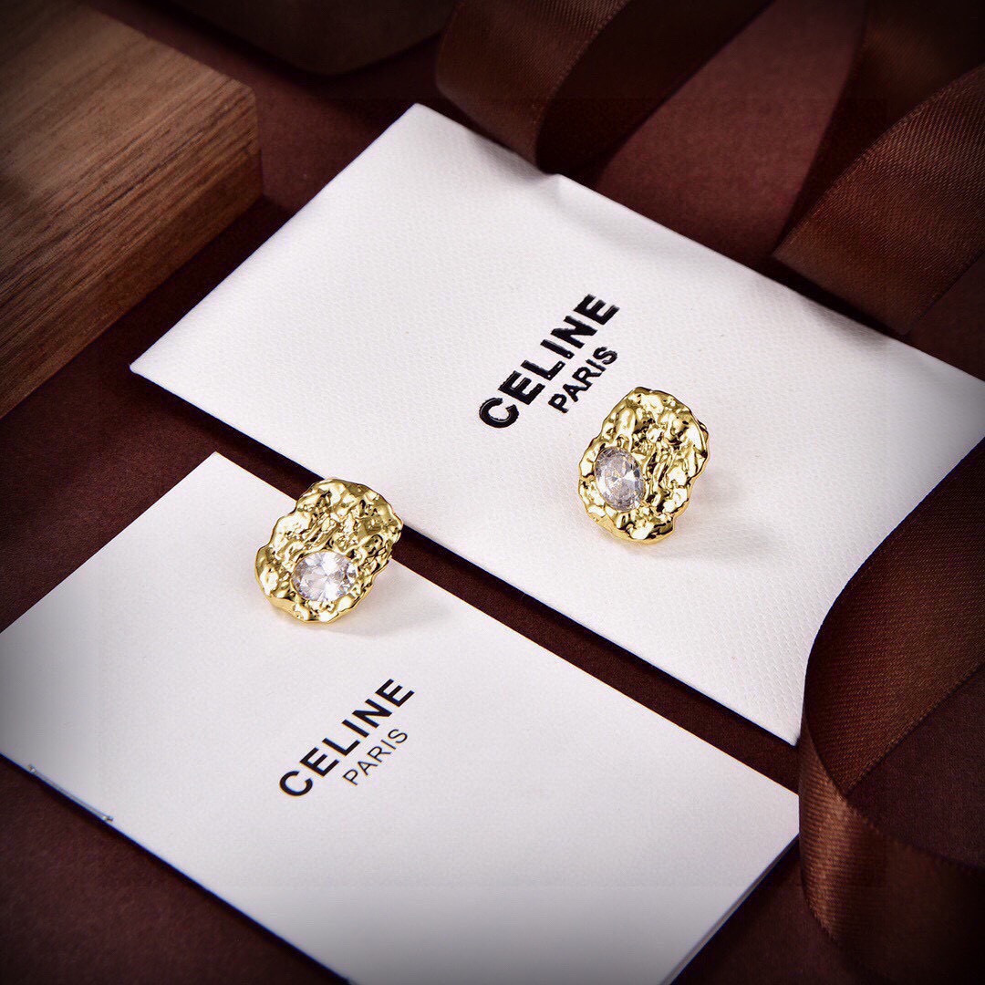 Celine PRECIOUS earrings gold-tone metal with clear faceted crystal stones 1 5cm stud diameter