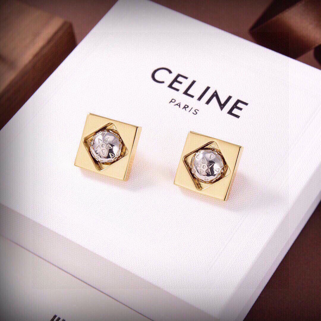 Celine Square Star Stud Earrings earrings Gold-tone metal with silver-tone star embossed center 2cm