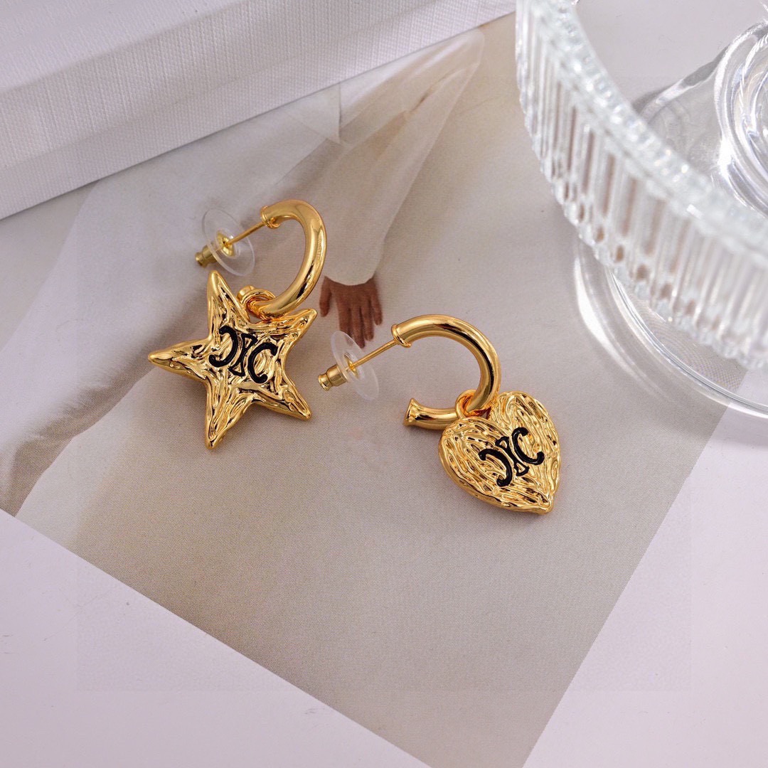 Celine Triomphe Heart Star Mismatch Drop Earrings earrings gold-tone metal with black enamel Triomphe logos 1 5cm hoop diameter 2cm total drop length