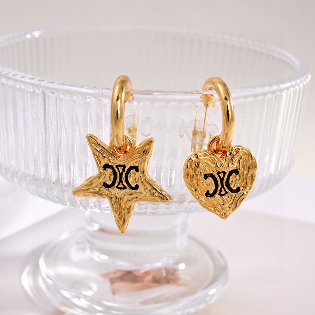 Celine Triomphe Heart Star Mismatch Drop Earrings earrings gold-tone metal with black enamel Triomphe logos 1 5cm hoop diameter 2cm total drop length