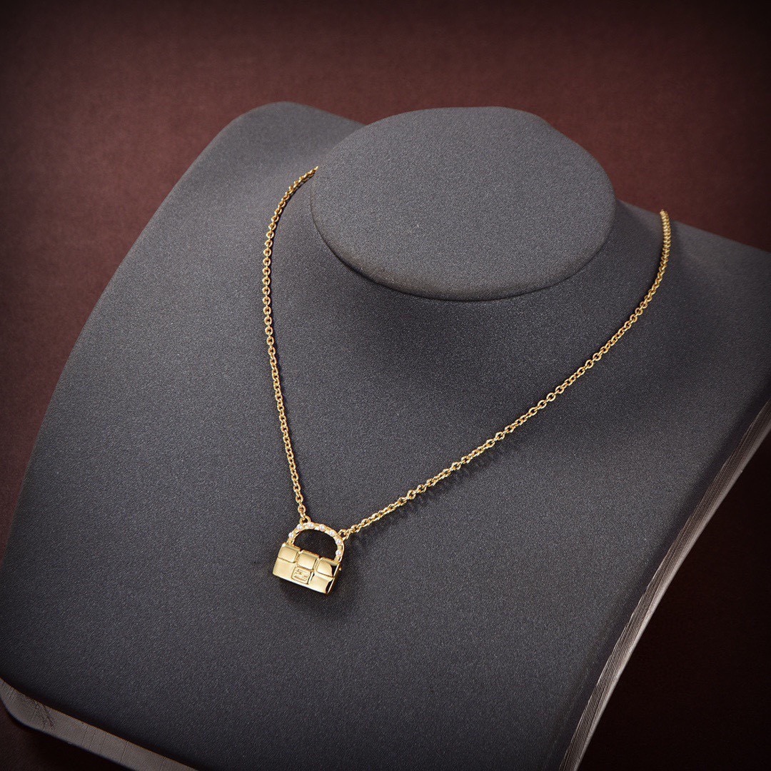 Fendi Baguette Bag Pendant necklace gold-tone metal with white pearl accents 45cm with 5cm extender