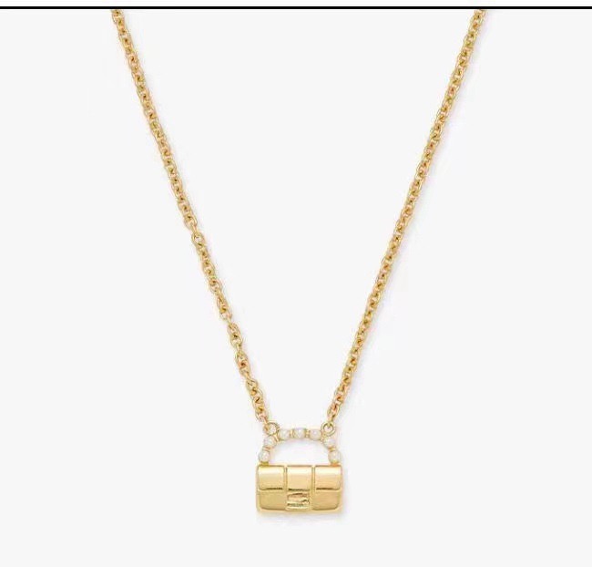 Fendi Baguette Bag Pendant necklace gold-tone metal with white pearl accents 45cm with 5cm extender