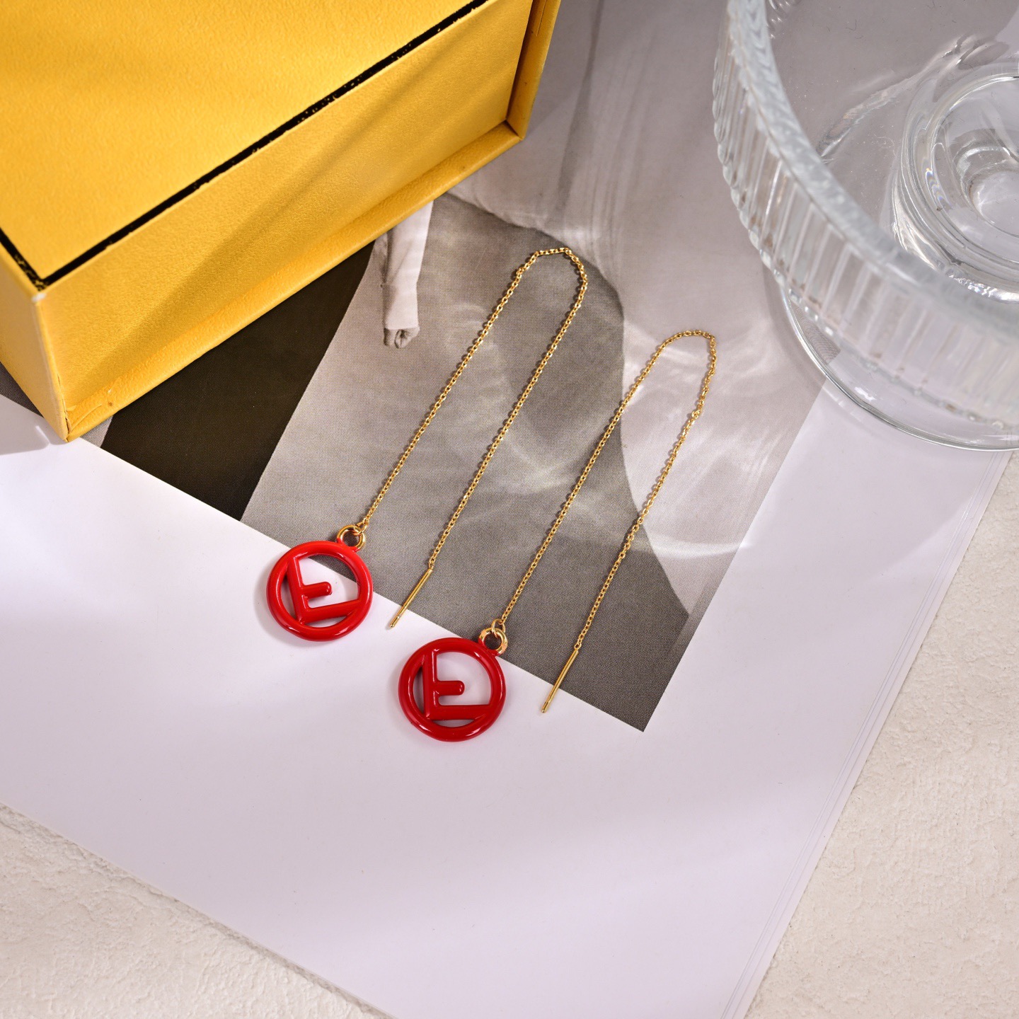 Fendi F is Fendi Logo Threader Earrings earrings Gold-tone metal with pink yellow red navy blue white enamel F logo charms 10cm chain length