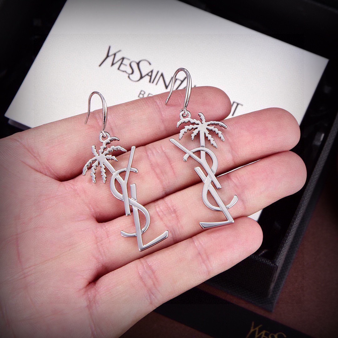 Saint Laurent YSL 1961 Palm Tree Monogram earrings silver-toned metal no accent stones 4 5cm drop length