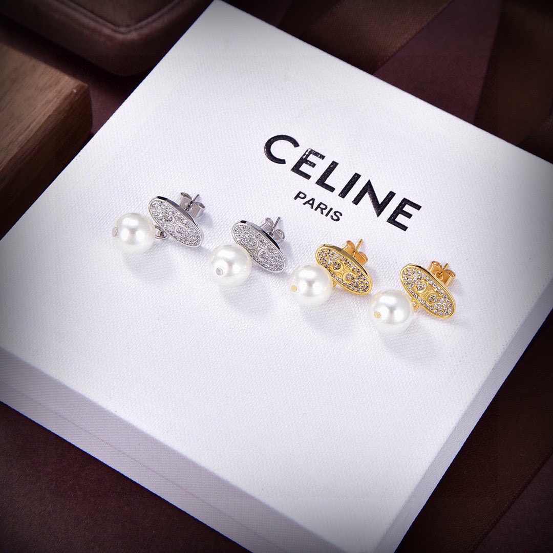 Celine PRECIOUS Triomphe Pearl Drop Earrings earrings Gold-tone metal with clear pave crystals and white freshwater pearls also available in silver-tone metal with clear pave crystals and white freshwater pearls 1 5cm drop length