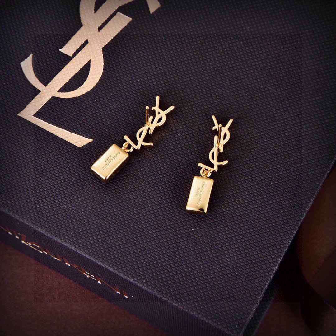Saint Laurent LE CASSANDRE earrings gold-tone metal with clear faceted crystal 3cm drop length
