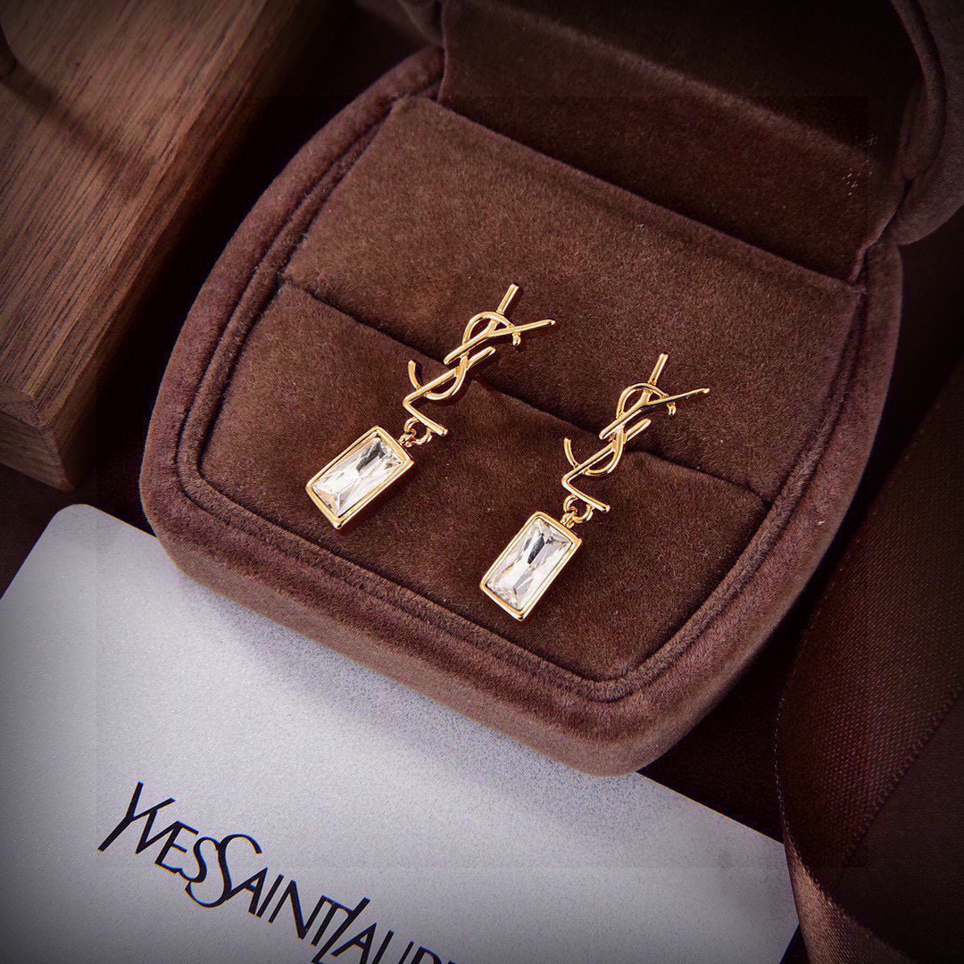 Saint Laurent LE CASSANDRE earrings gold-tone metal with clear faceted crystal 3cm drop length