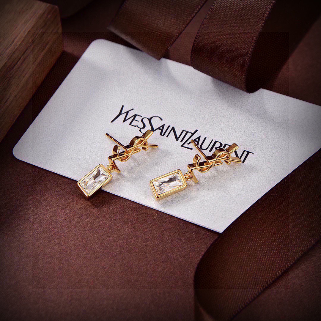 Saint Laurent LE CASSANDRE earrings gold-tone metal with clear faceted crystal 3cm drop length
