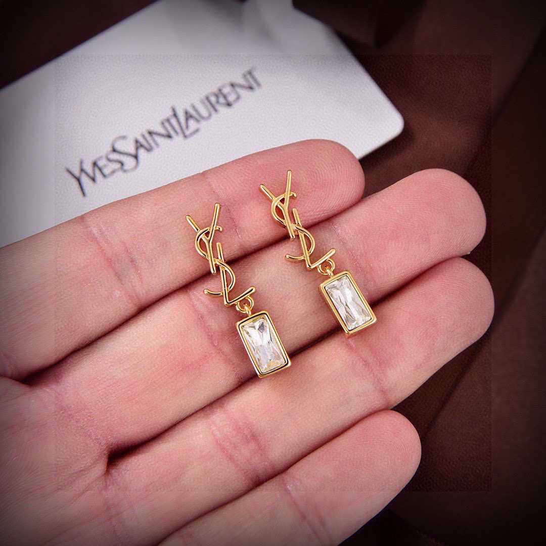 Saint Laurent LE CASSANDRE earrings gold-tone metal with clear faceted crystal 3cm drop length