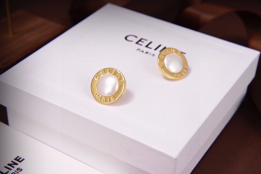 Celine Celine Paris Pearl Logo Stud Earrings earrings gold-tone metal with white pearl center 1 5cm diameter