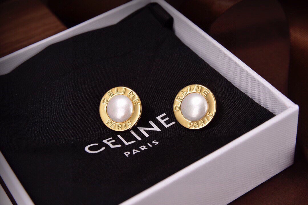 Celine Celine Paris Pearl Logo Stud Earrings earrings gold-tone metal with white pearl center 1 5cm diameter