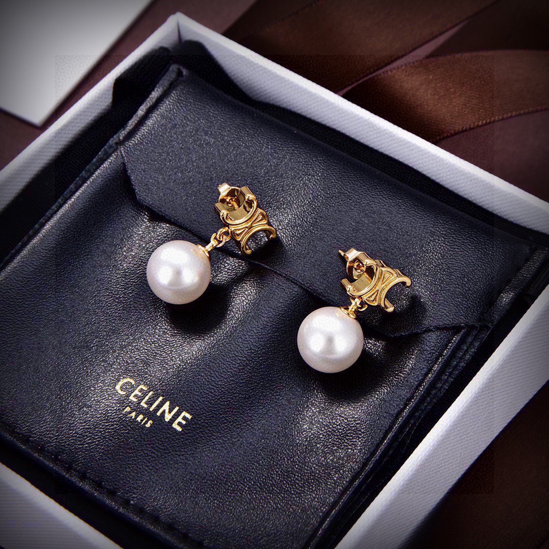 Celine Triomphe Pearl Drop earrings gold-tone metal white pearl 2 5cm drop length
