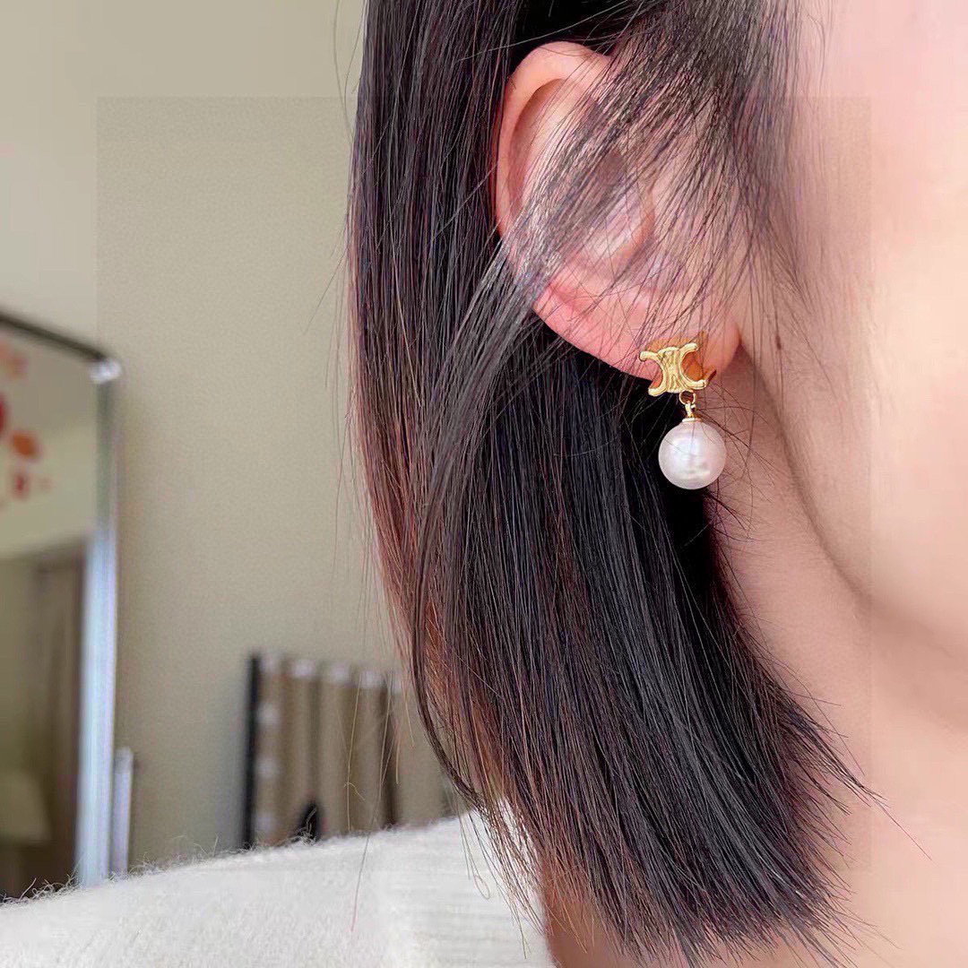Celine Triomphe Pearl Drop earrings gold-tone metal white pearl 2 5cm drop length