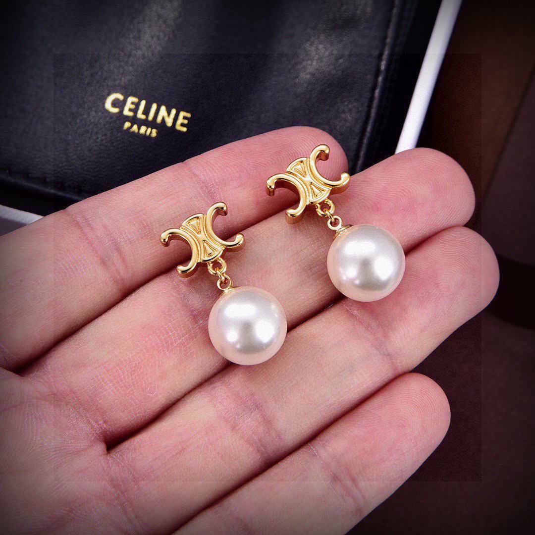 Celine Triomphe Pearl Drop earrings gold-tone metal white pearl 2 5cm drop length
