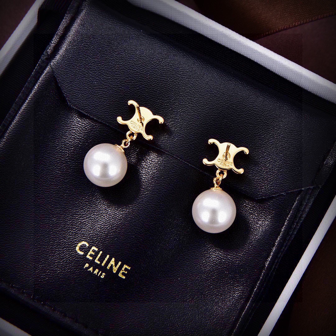 Celine Triomphe Pearl Drop earrings gold-tone metal white pearl 2 5cm drop length