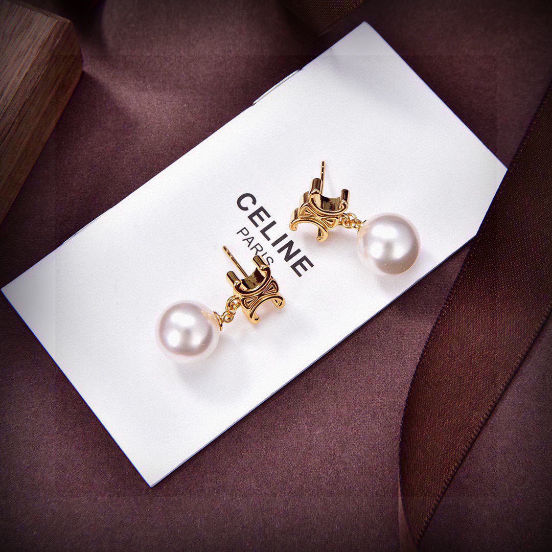 Celine Triomphe Pearl Drop earrings gold-tone metal white pearl 2 5cm drop length