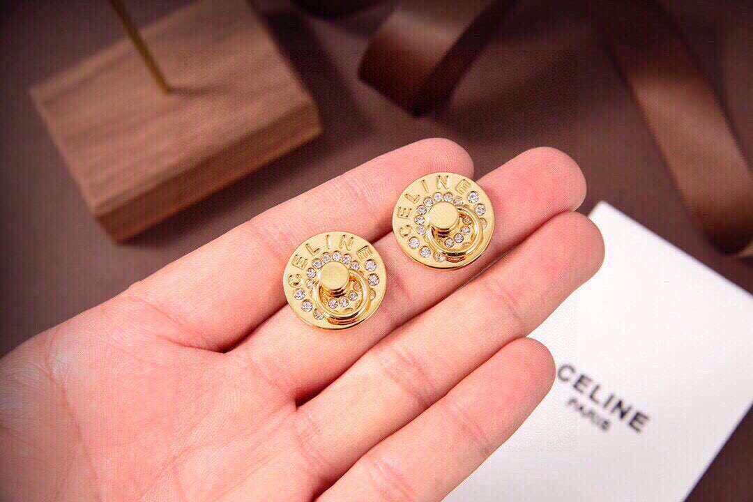 Celine Logo Engraved Crystal Stud Earrings earrings gold-tone metal with clear crystal accents 1 5cm diameter