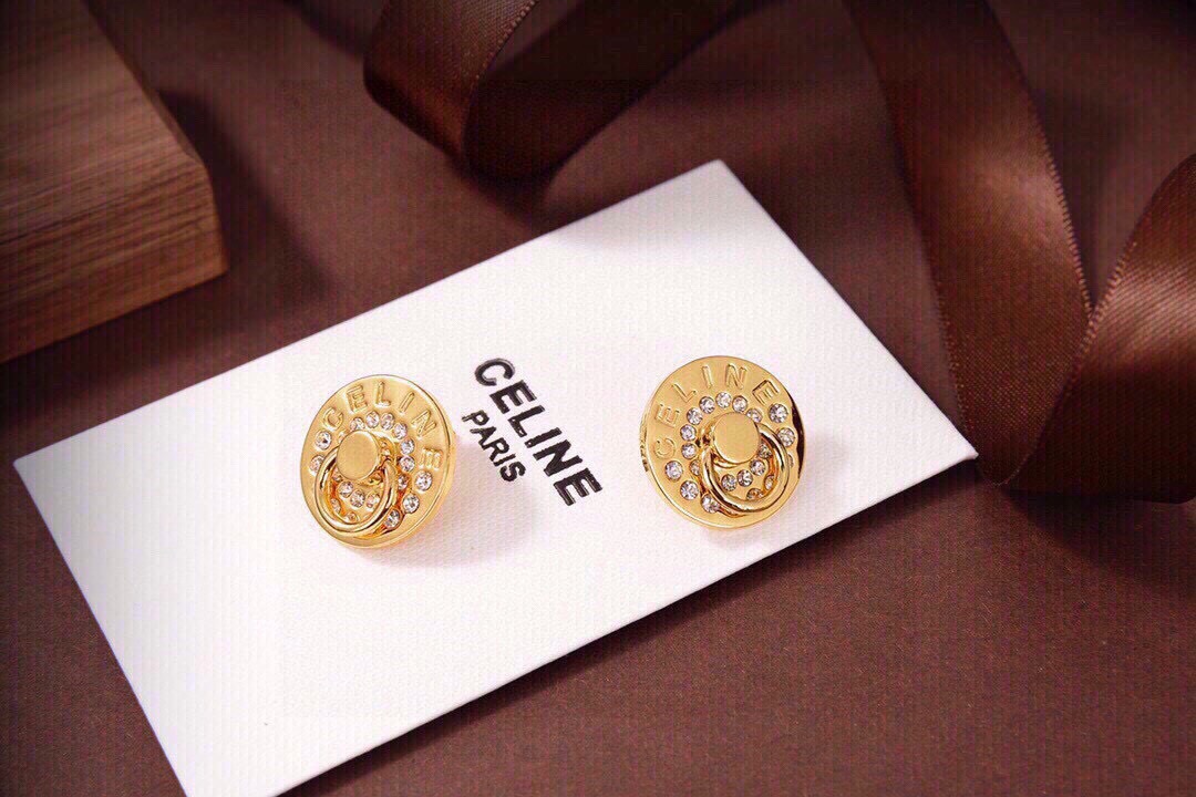 Celine Logo Engraved Crystal Stud Earrings earrings gold-tone metal with clear crystal accents 1 5cm diameter