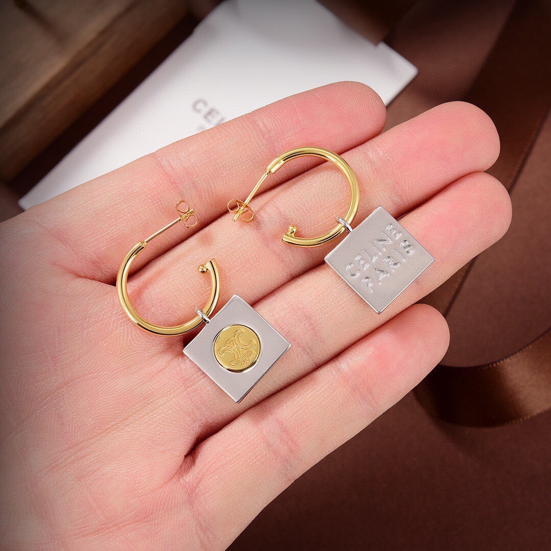 Celine Triomphe Square Tag Hoop Earrings earrings Two-tone gold and silver metal 2cm hoop diameter