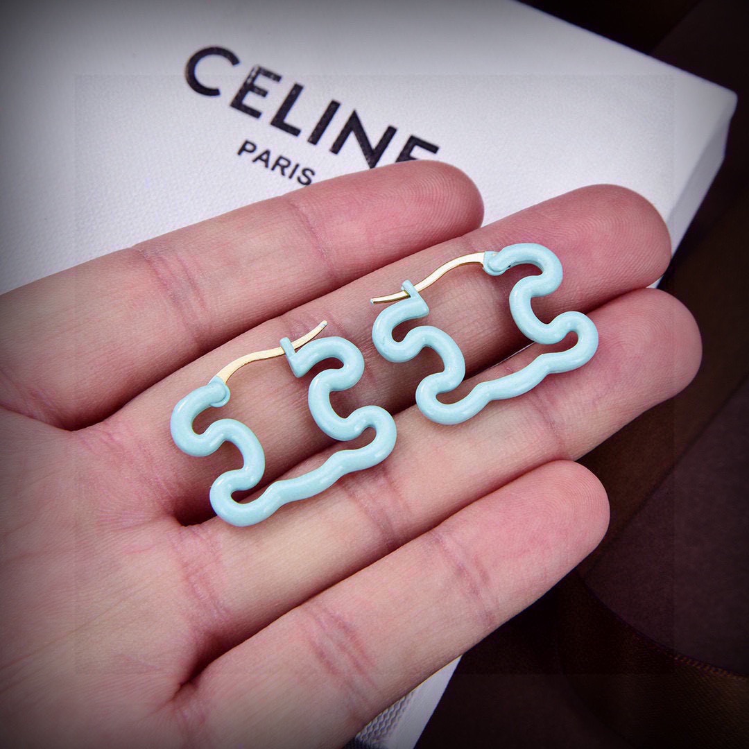 Celine Triomphe Enamel Wavy Hoop Earrings earrings Gold-tone brass metal with cream enamel light blue enamel pink enamel options 2 5cm hoop diameter