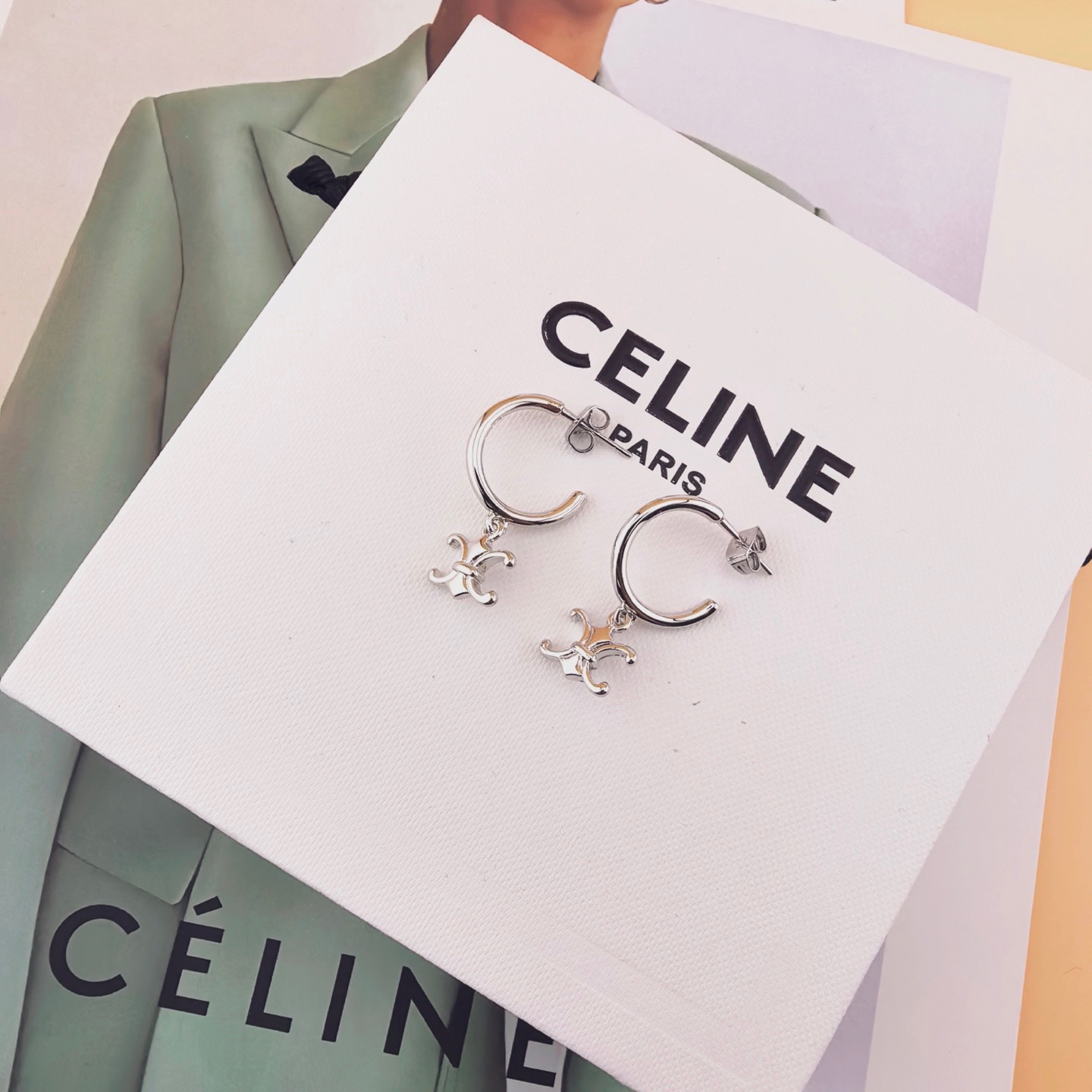 Celine Triomphe Preclous earrings silver-toned metal no accent stones 15mm hoop diameter