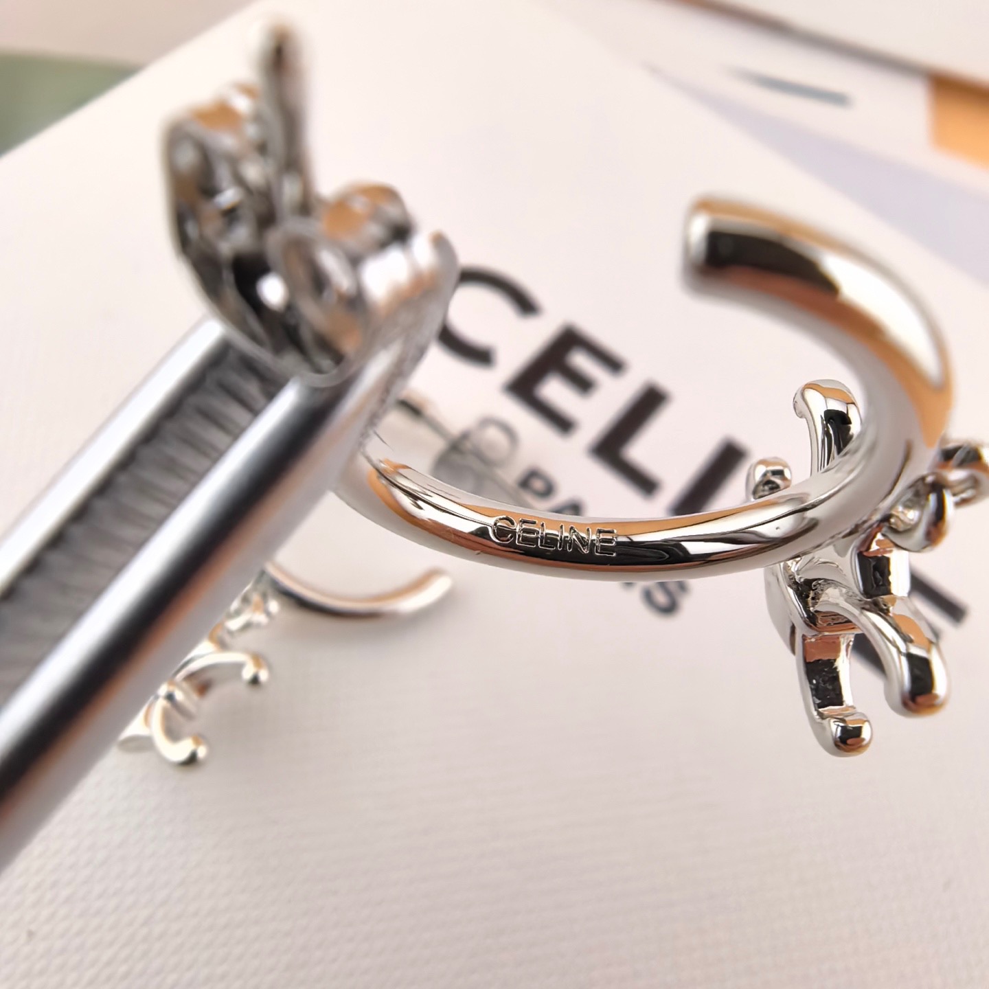 Celine Triomphe Preclous earrings silver-toned metal no accent stones 15mm hoop diameter