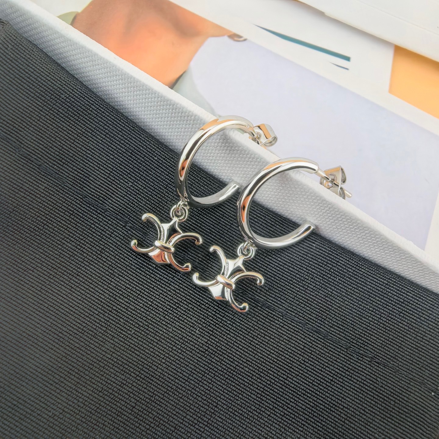 Celine Triomphe Preclous earrings silver-toned metal no accent stones 15mm hoop diameter