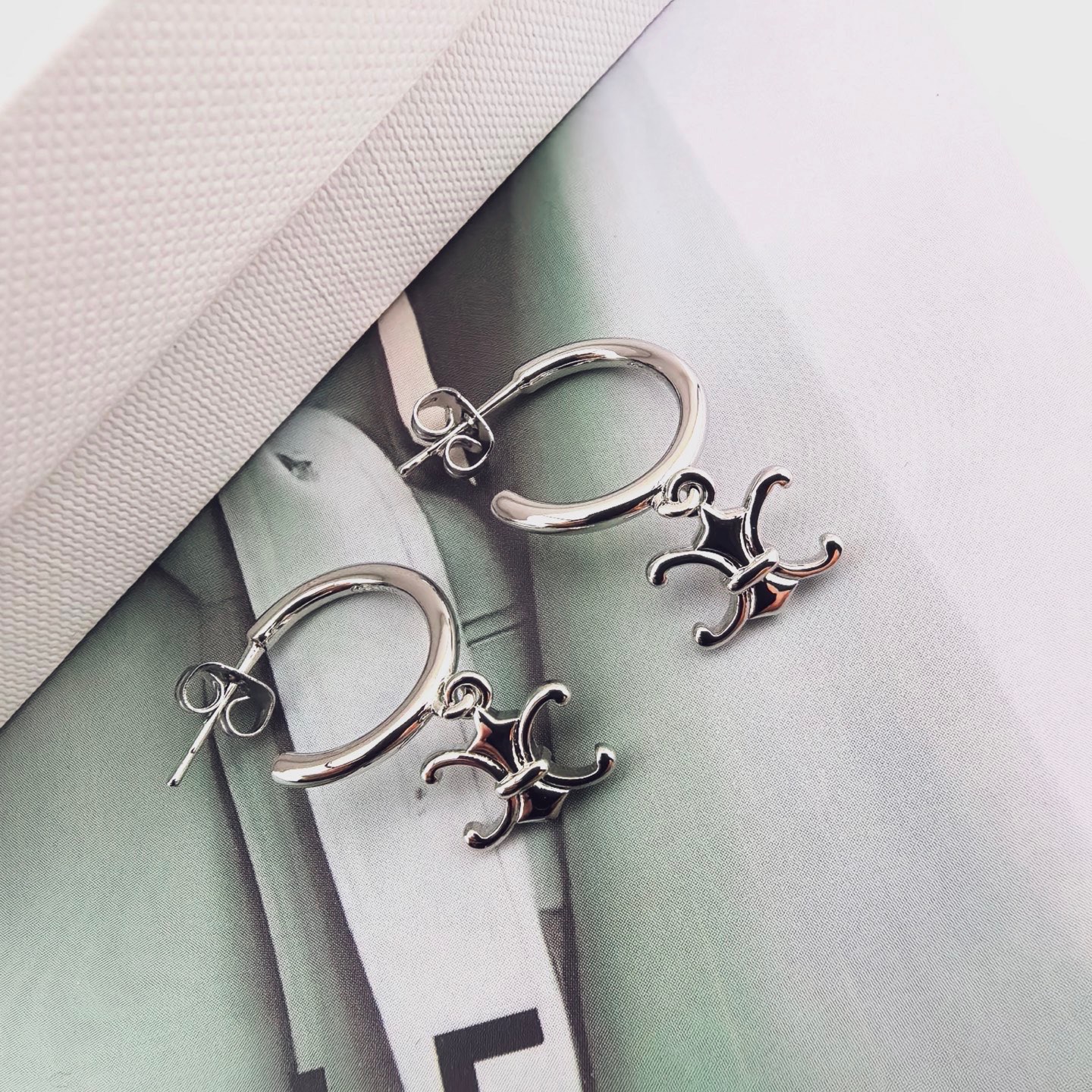 Celine Triomphe Preclous earrings silver-toned metal no accent stones 15mm hoop diameter
