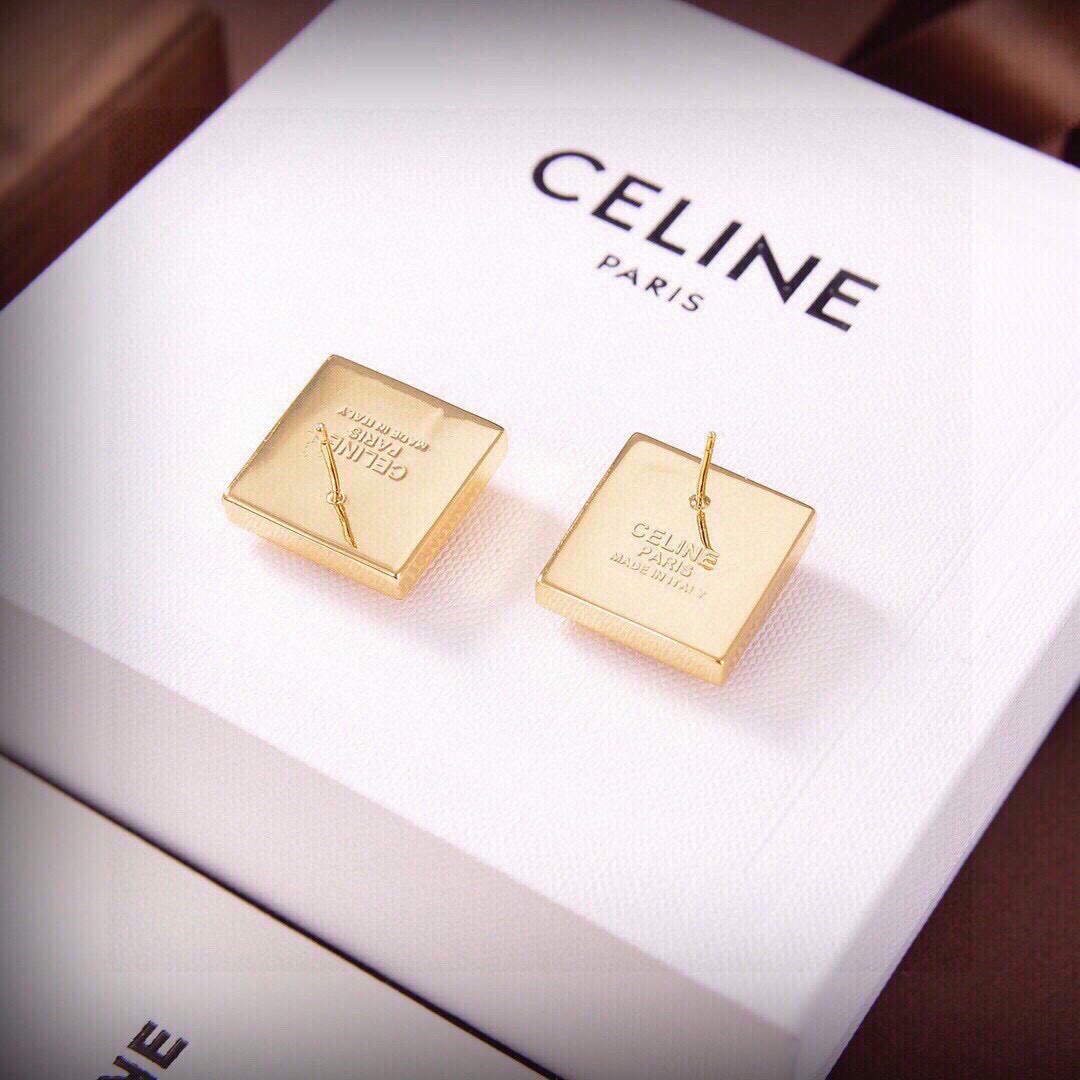 Celine Square Star Globe Stud Earrings earrings Gold-tone metal with silver-tone star embossed center 1 5cm width