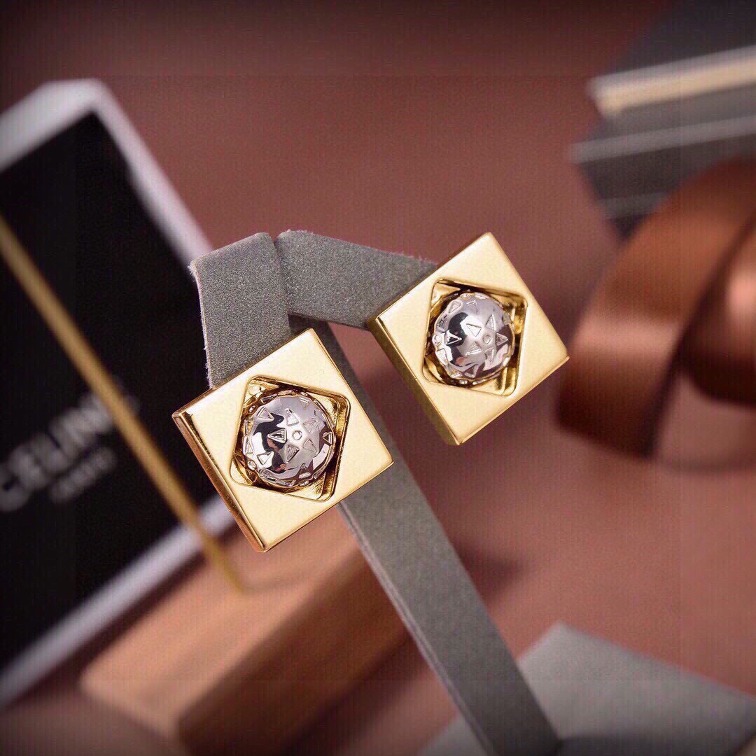 Celine Square Star Globe Stud Earrings earrings Gold-tone metal with silver-tone star embossed center 1 5cm width