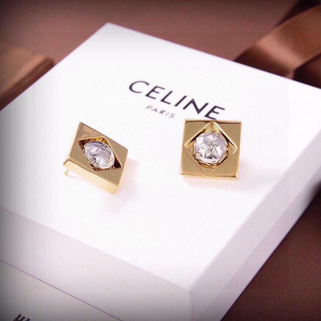 Celine Square Star Globe Stud Earrings earrings Gold-tone metal with silver-tone star embossed center 1 5cm width