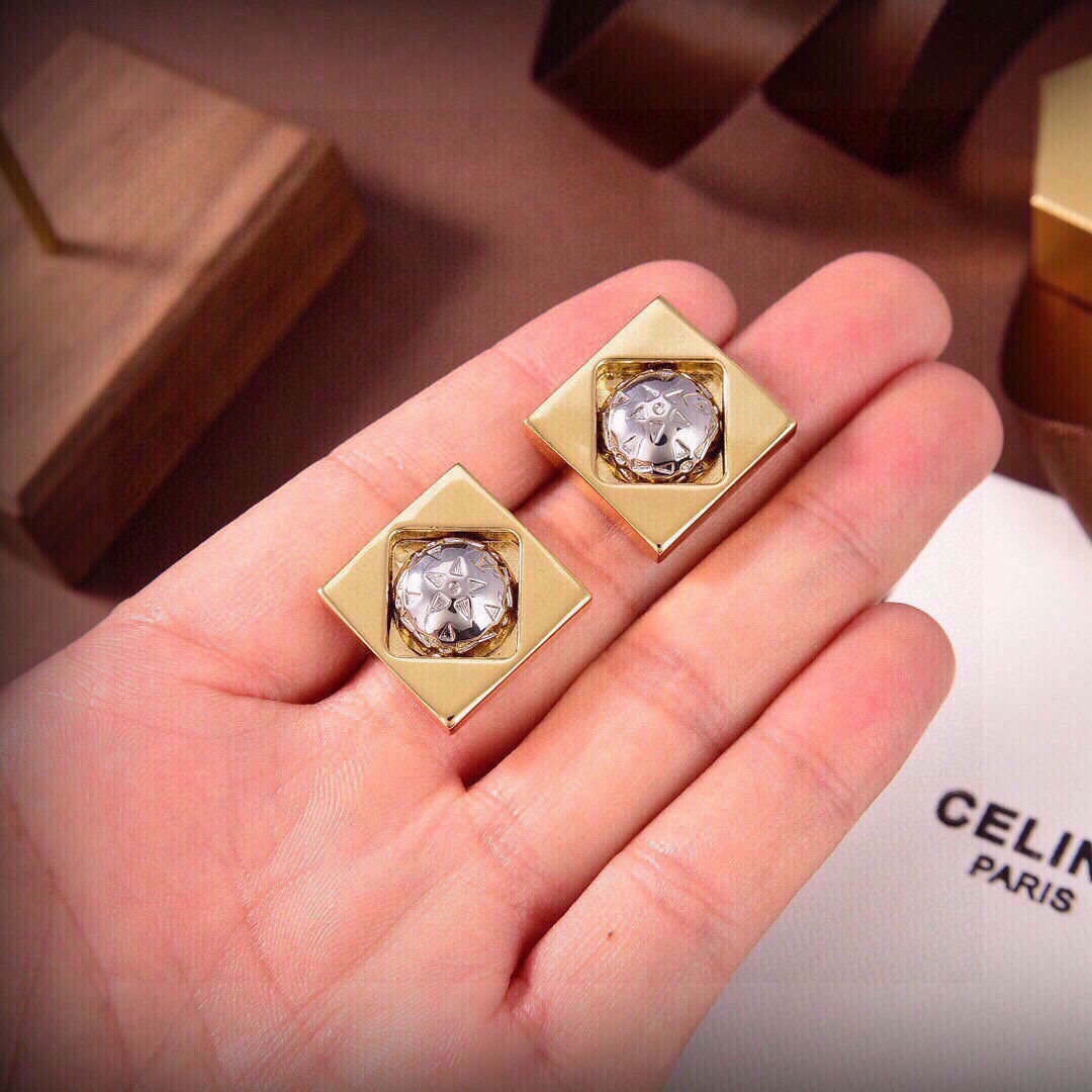 Celine Square Star Globe Stud Earrings earrings Gold-tone metal with silver-tone star embossed center 1 5cm width