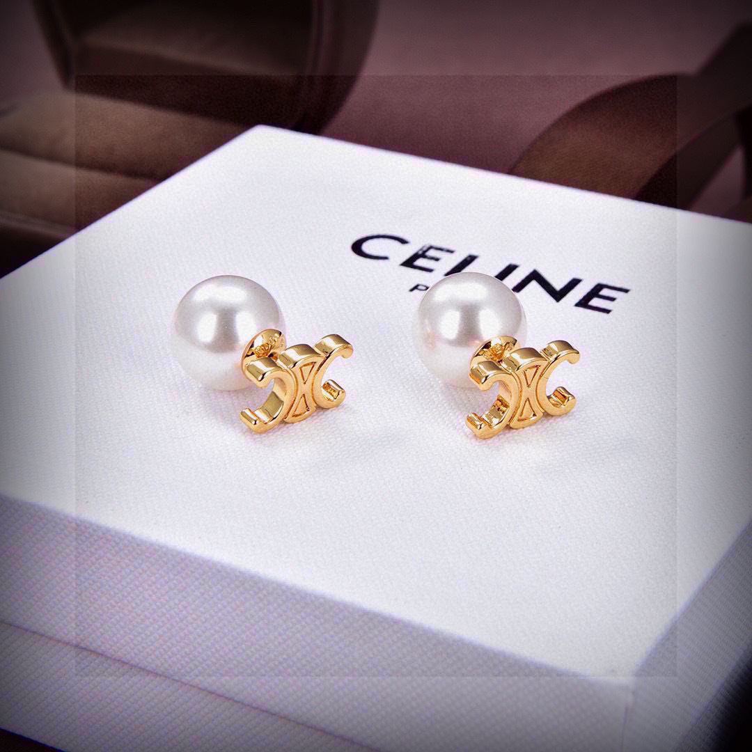 Celine Triomphe Pearl Stud Earrings earrings gold-tone metal white pearl 10mm pearl diameter